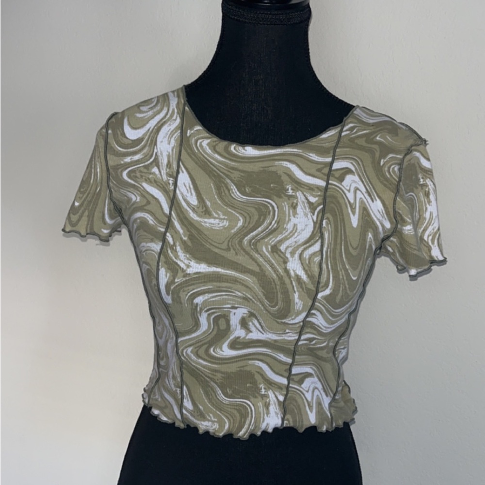 Forever 21 Green and White Puff Sleeve Blouse